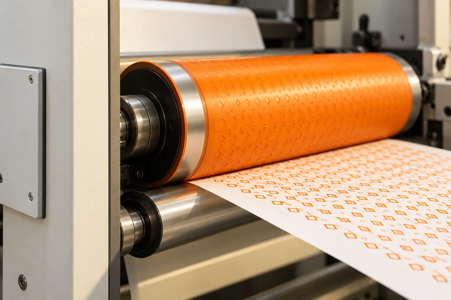 Cena ilustrativa de clichê flexográfico laranja imprimindo motivos geométricos sobre papel branco liso